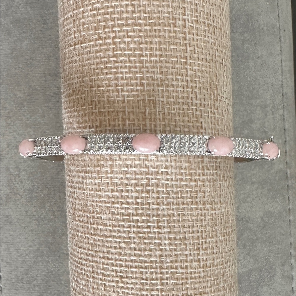 Jade of Yesteryear Sterling Silver Pink Jade Oval Bangle Bracelet, 7-3/4" - Picture 3 of 9